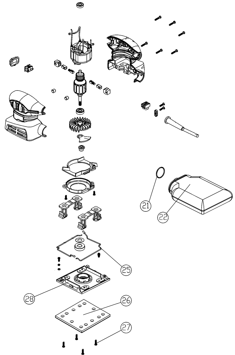 Default Diagram and Parts List for BDEQS15C Type 1 Black and Decker Orbital or Palm Sander